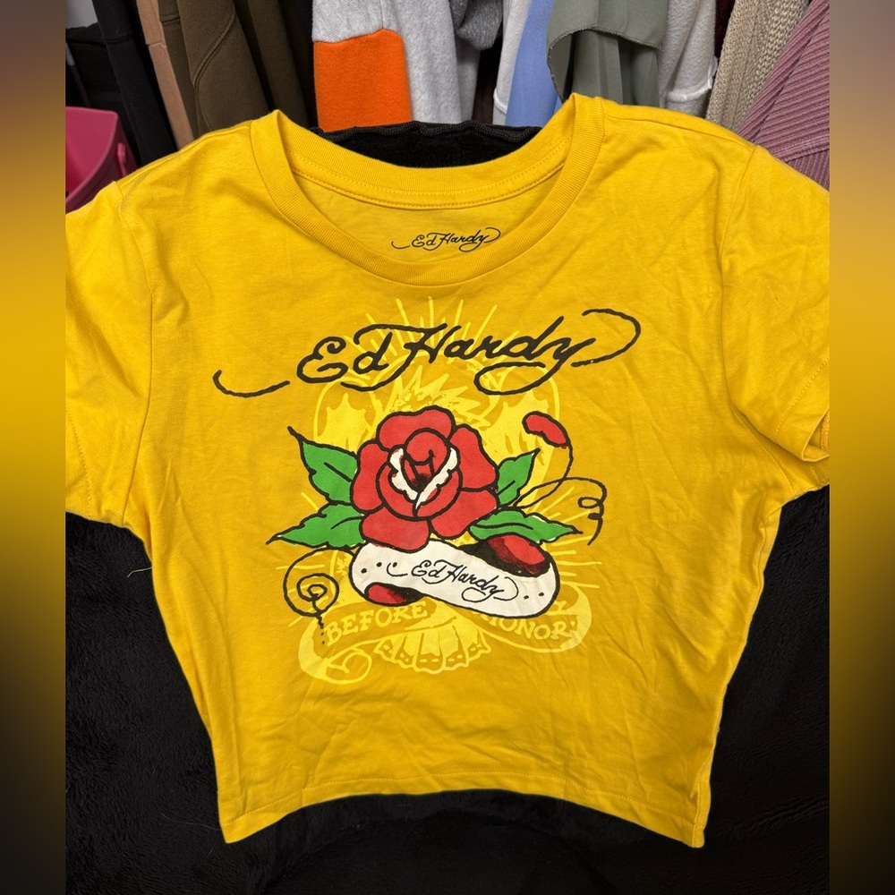 Ed Hardy Yellow Crop Top with Red Rose Design